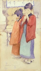 Porträtt av två japanska barn, 1895-96 (wc över penna på papper)
